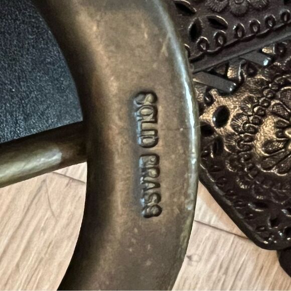 Vtg New Ralph Lauren wide leather belt Tooled Braid Brass buckle Boho Western L - Picture 11 of 16